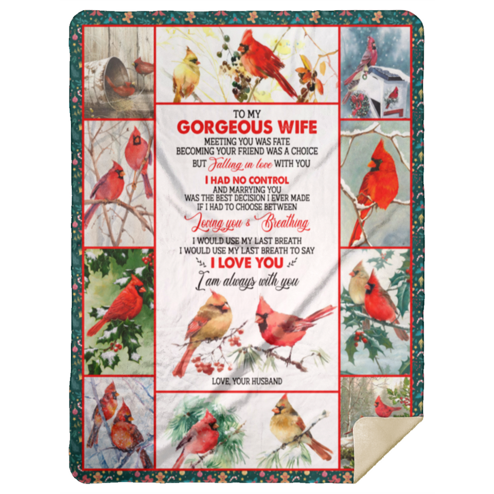 Cardinal Bird Blanket, To My Gorgeous Wife I Love You Quilt, Fleece Sherpa MSHL Premium Sherpa Blanket 60x80