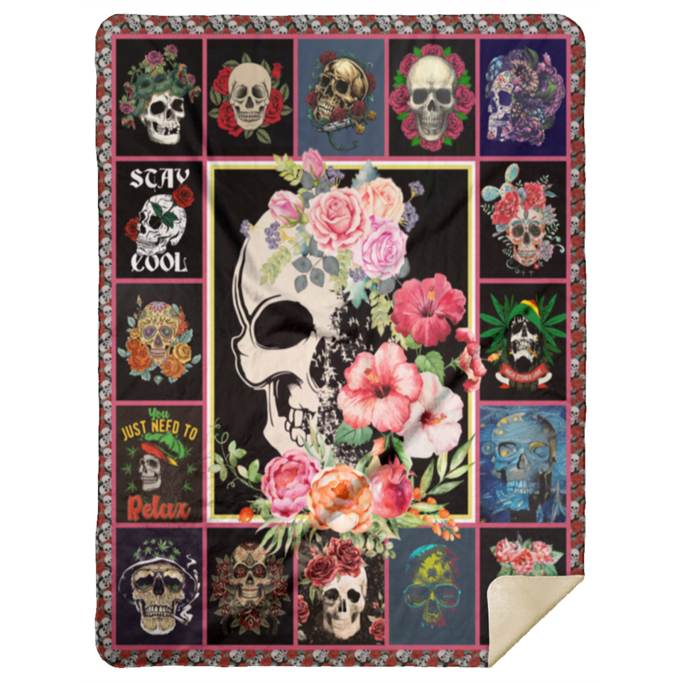 Flower Skull Blankets, Hibiscus Flowers Grow In Skulls Quilt, Fleece Sherpa MSHL Premium Sherpa Blanket 60x80