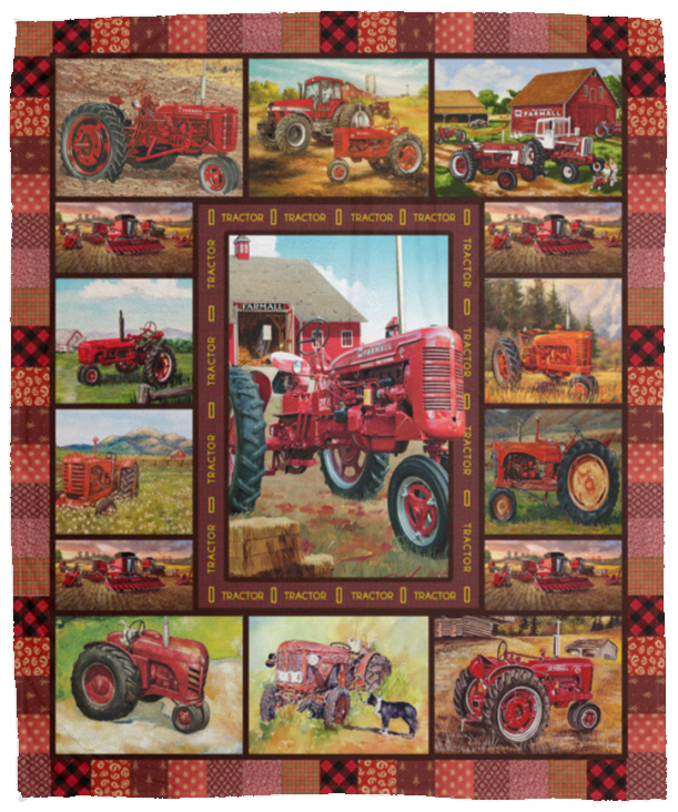 Red Tractor Blanket, Farming Tractor On Prairie Fleece, Sherpa Blanket - VPM Cozy Plush Fleece Blanket - 50x60