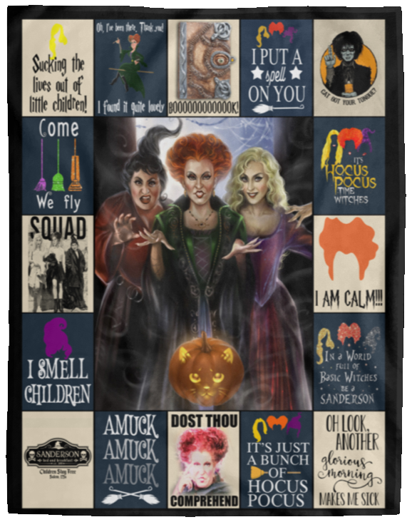 Hocus Pocus Blankets, 17th Century Witch Squad Fleece Sherpa, Sanderson Sisters VPL Cozy Plush Fleece Blanket - 60x80