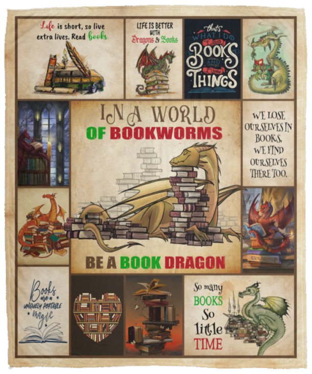 Be A Book Dragon Blanket, in A World of Bookworms Dragon Fleece, Sherpa Blanket VPM Cozy Plush Fleece Blanket - 50x60