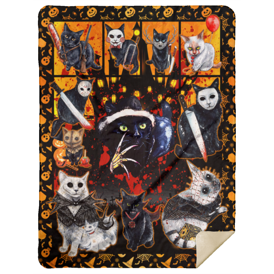 Cats Horror Movie Characters Blanket, Halloween With Cats Fleece, Sherpa Blanket MSHL Premium Mink Sherpa Blanket 60x80
