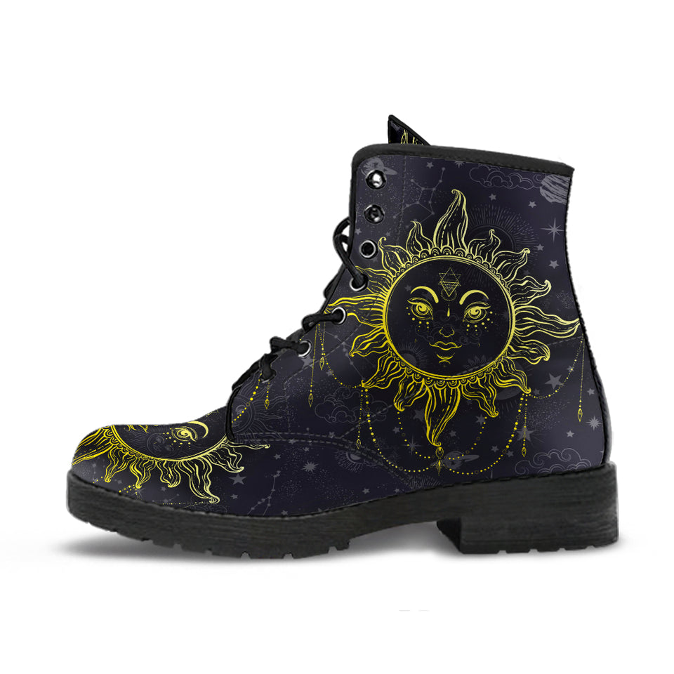 Sun and Moon, Mandala Design, Women's Boots, Vegan Leather, Combat Style Boots