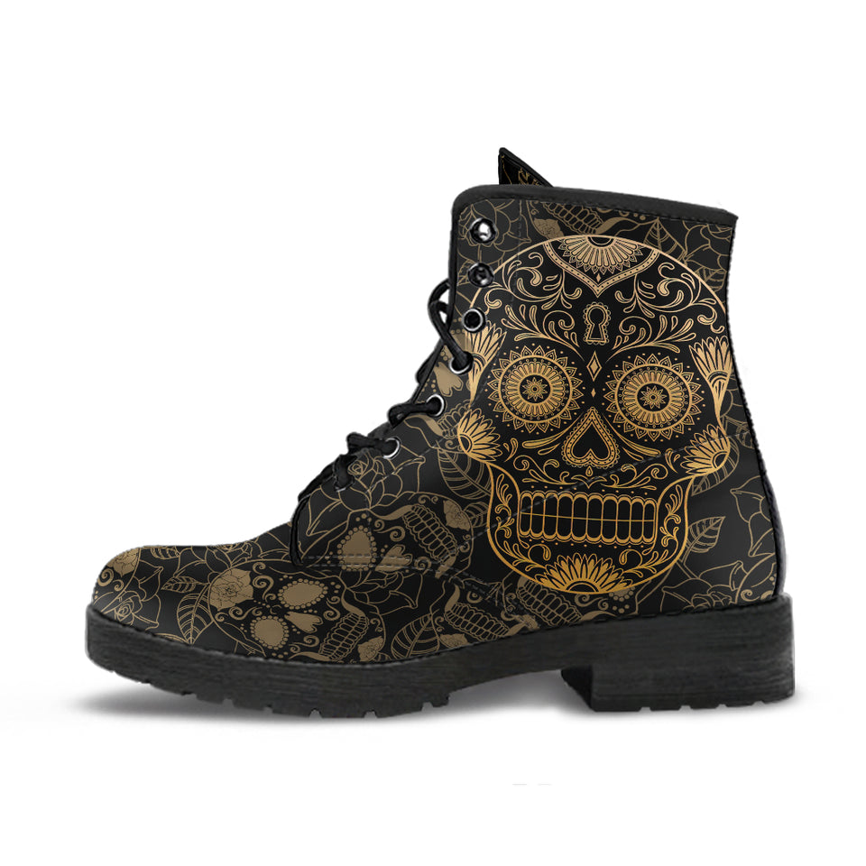 Black Sugar Skull, Dia De los Muertos, Women's Boots, Vegan Leather, Combat Style Boots, Lolita Combat Boots, Day Of The Dead