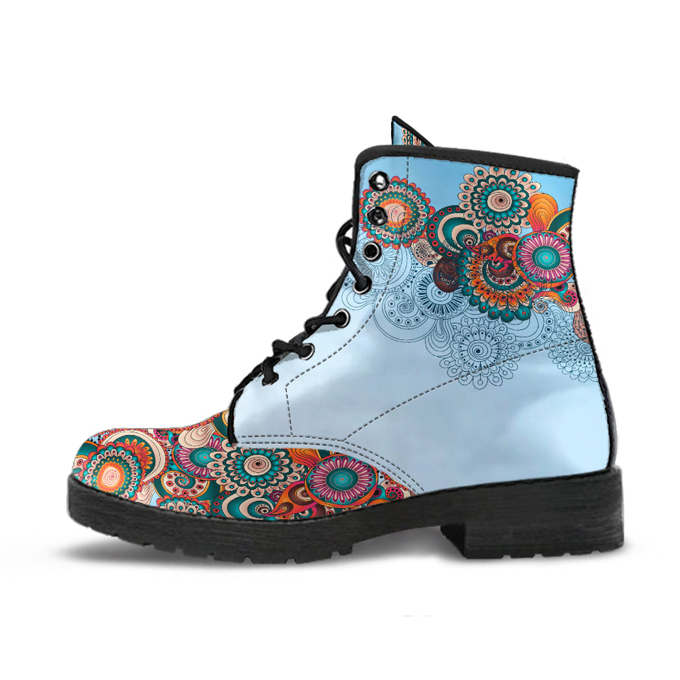 Blue Paisley Mandala, Leather Boots Women, Multicolour Mandala