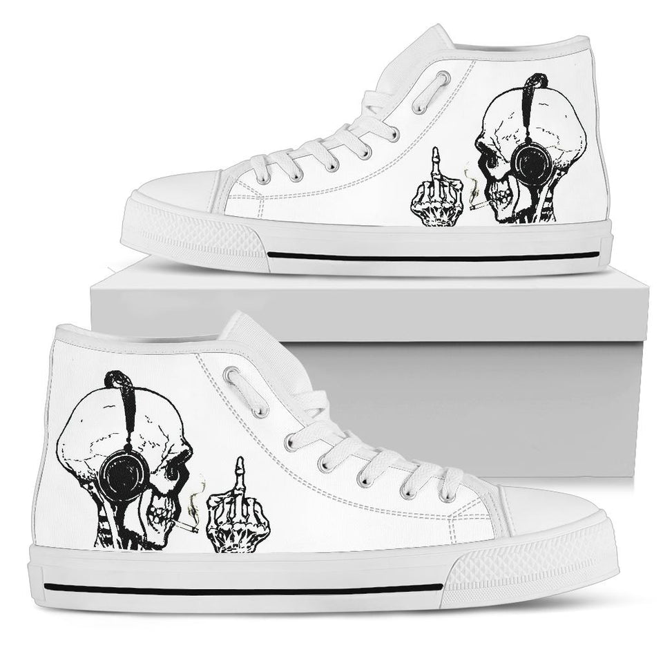Skeleton wearing headphones up yours custom hightop converse