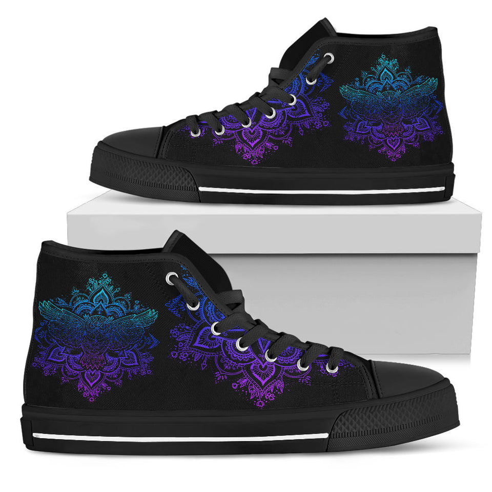 Owl Blue Purple, Womens Leather Boots high top