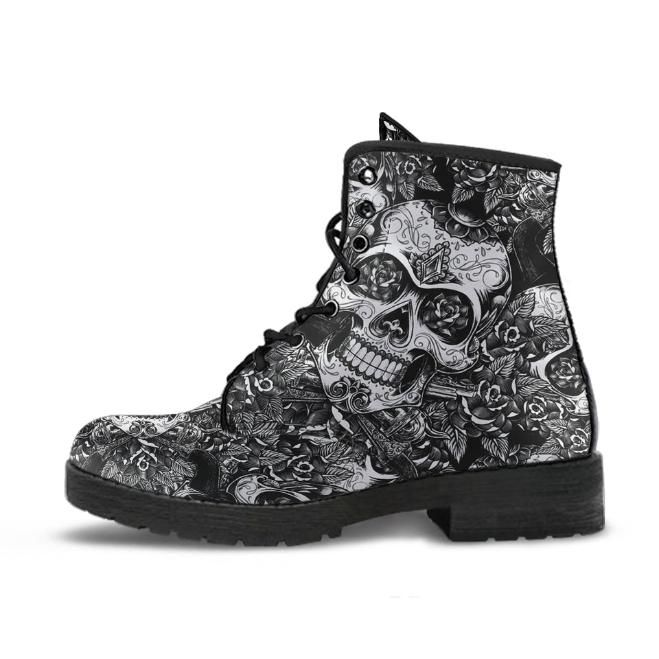 Black & White Skulls, Vegan Leather, Leather Boots Women, Handcrafted Boots, Floral, Bohemian boots, Hipster, Womens Printed Shoes
