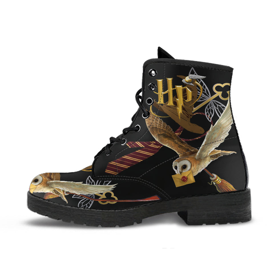 Wizard Inspired Ladies Lace Up Boots, Black, Owl, Festival