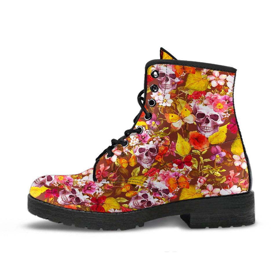 Flower Skulls, Womens Leather Boots, Vegan Leather, Handmade Crafted, Streetwear, Hippie, Floral, Festival Boots, Rain Boots, Classic Boot