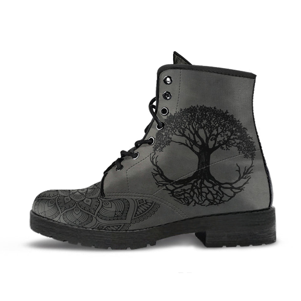 Grey Tree of Life, Handcrafted boots, Vegan Leather, ankle Boots women, Festival Boots, Bohemian Style, Hippie Boots, Hikers Boots women - up lai