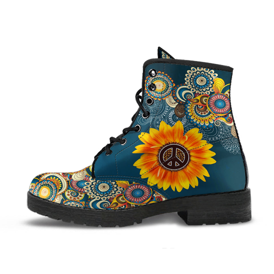 Manadala Peace Sign, Purple Black, Women's Boots, Vegan Leather