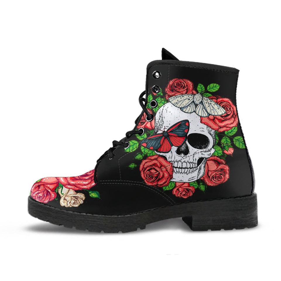 Skull and Roses, Gothic Hiking Boots, Women_s Boots, Vegan Leather, Combat Style Boots, Emo Punk Boots, Goth Winter Boots - up lai