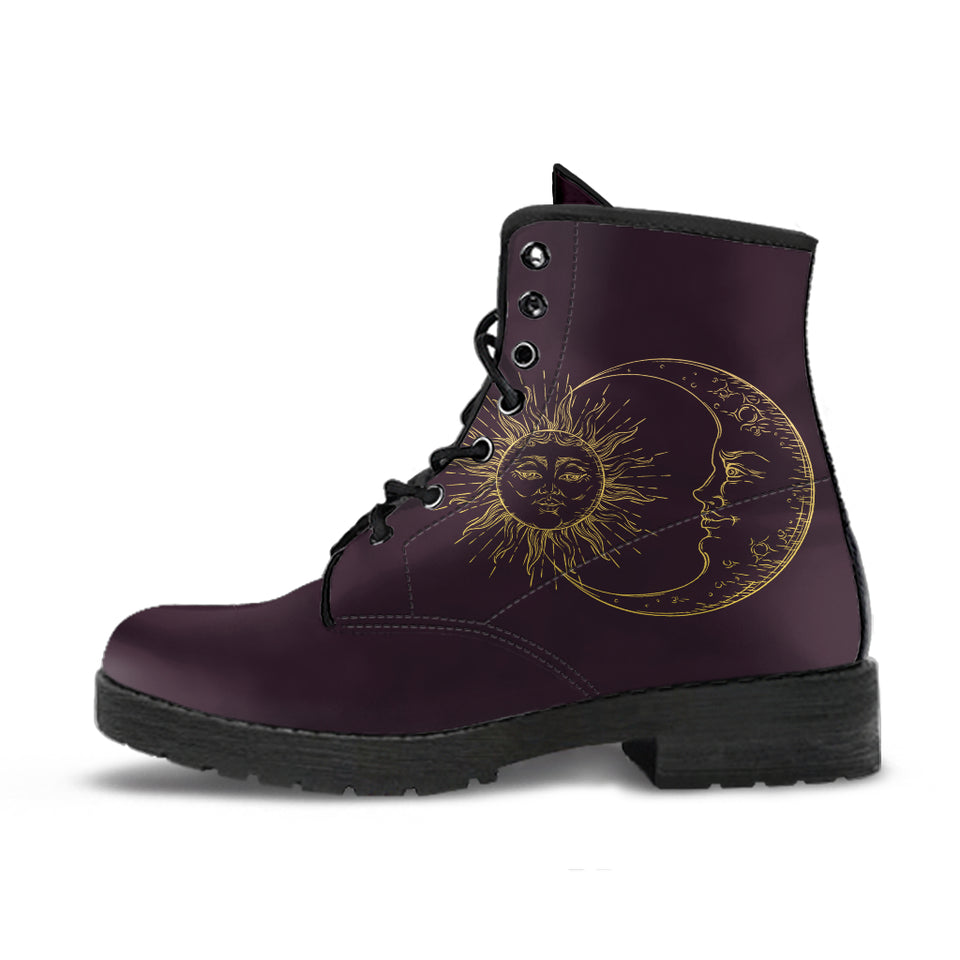 Sun Moon Mandala, Gold Burgandy Wine, Women's Boots