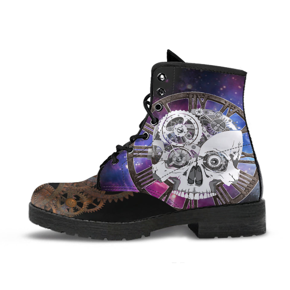 Steampunk Skull, Clockwork Galaxy, Women's Boots, Vegan Leather, Combat Style Boots, Emo Punk Boots, Goth Winter Boots