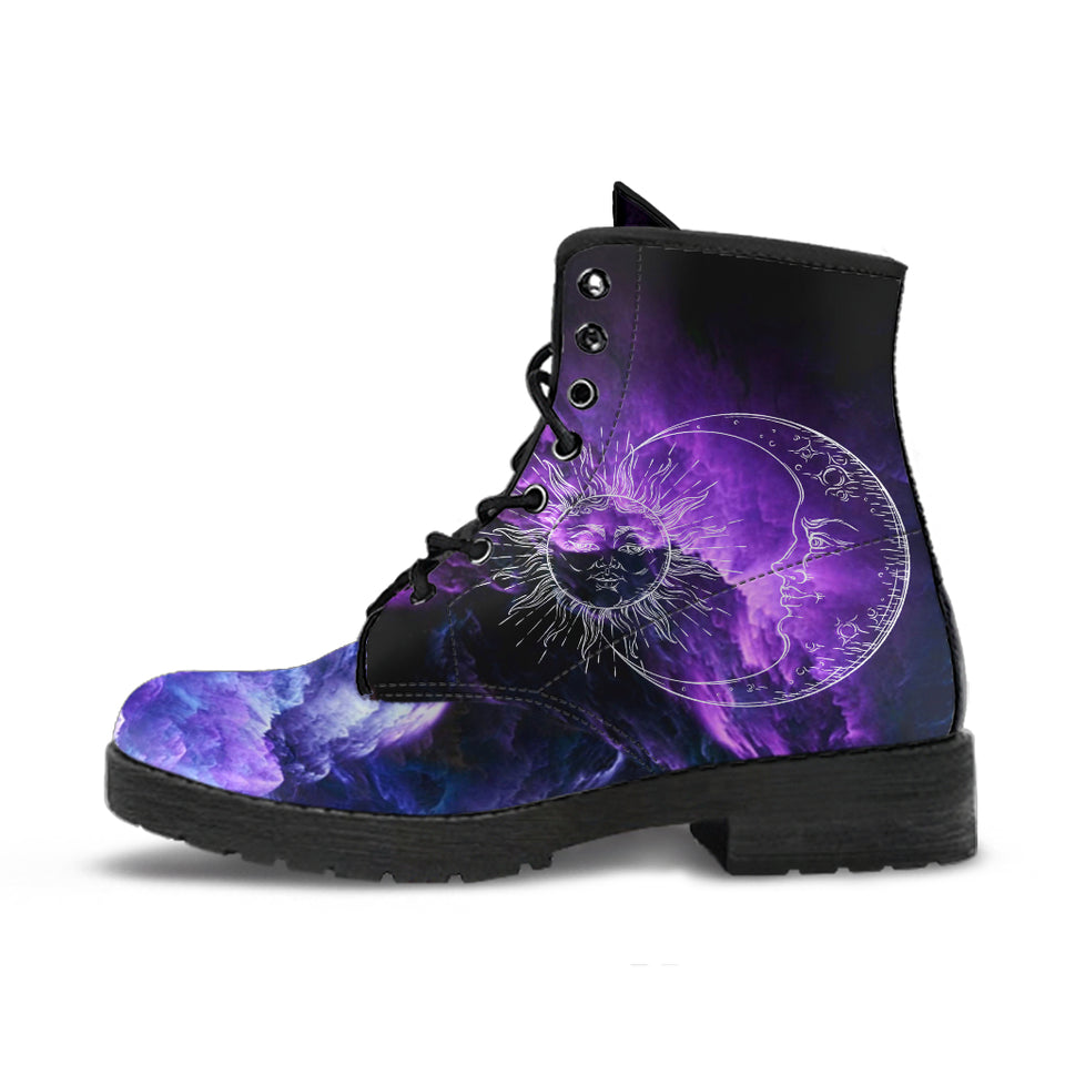 Sun and Moon Sky, Galaxy Cosmos Clouds, Women's Boots, Vegan Leather, Combat Style Boots, Purple Pink Silver, Hippie Gypsy Fairy