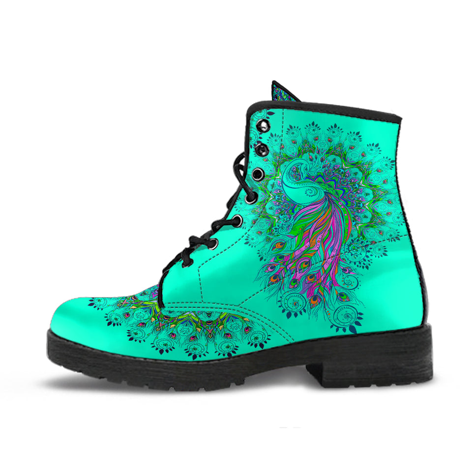 Peacock Mandala, Turquoise Teal Green, Women's Boots, Vegan Leather