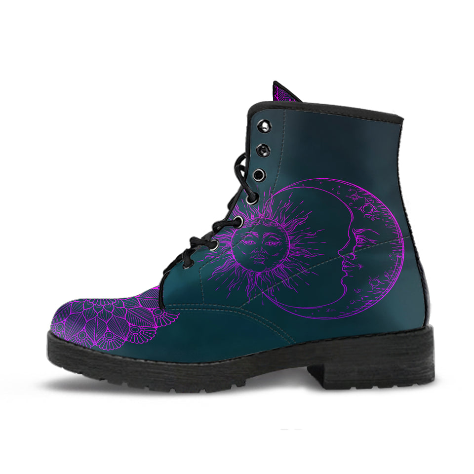 Purple Sun and Moon, Womens Leather Boots, Purple Lotus Mandala, Sun Silhouette