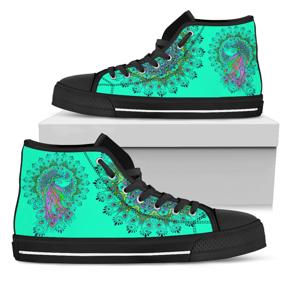Peacock Mandala, Turquoise Teal Green high top