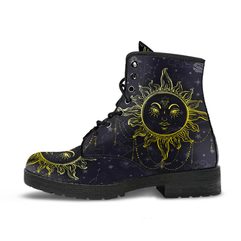 Sun and Moon, Mandala Design, Women's Boots, Vegan Leather, Combat Style Boots, Namast - up lai