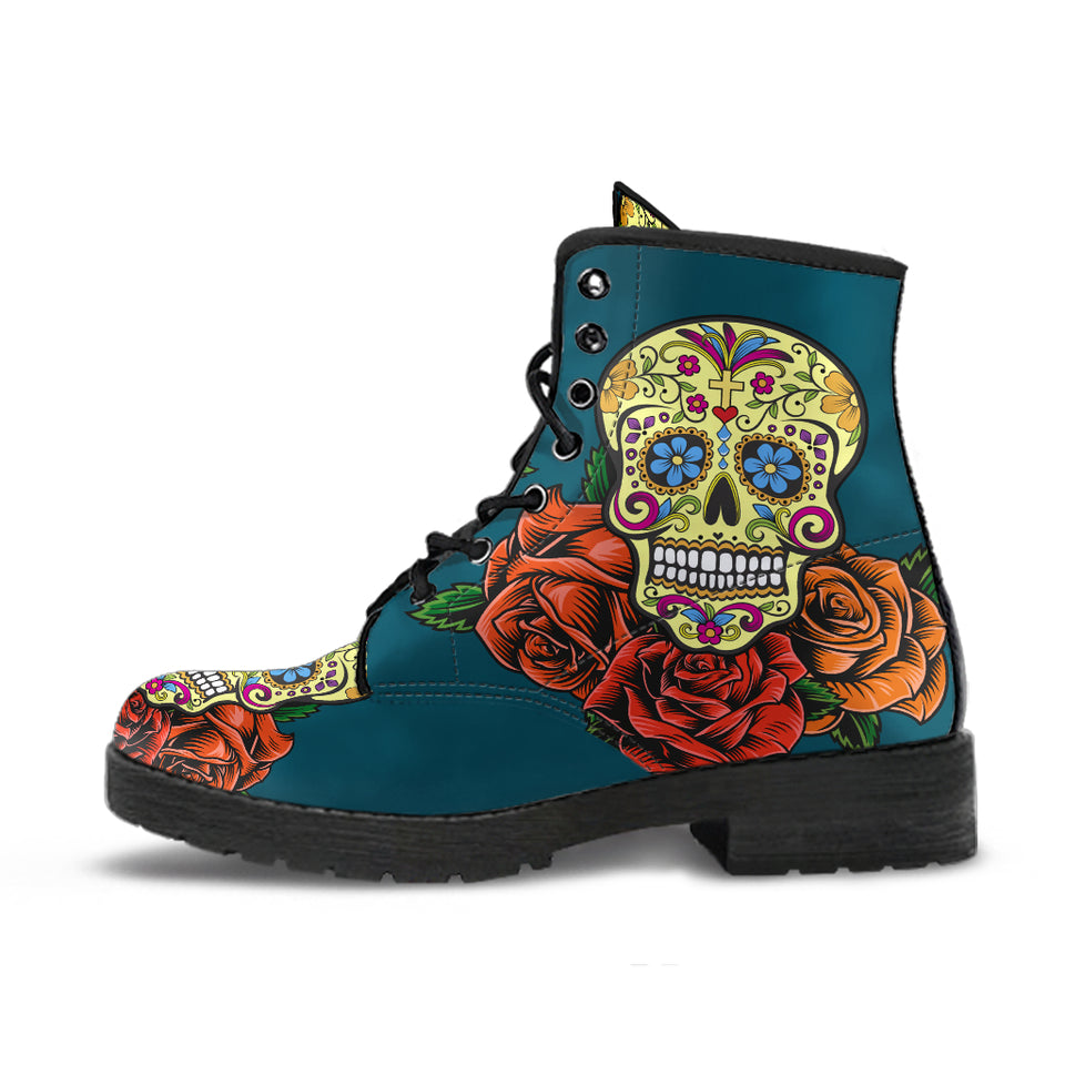 Sugar Skull Design, Womens Leather Boots, skull boots, Lace Up Boots, Winter Boots, Womens Rain Boots, Custom boots, Vegan Leather Boots