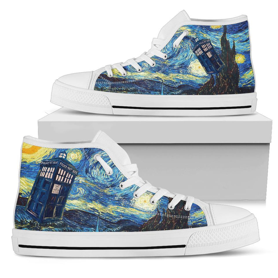 TARDIS in the Starry Night Custom Sneakers, Doctor Who Custom Shoes, Van Gogh Hand Painted Shoes