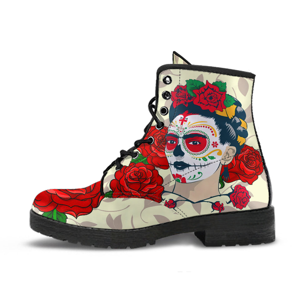 Frida Kahlo Women's Canvas Boots,fgothic skull shoes,grunge boots,witchy shoes