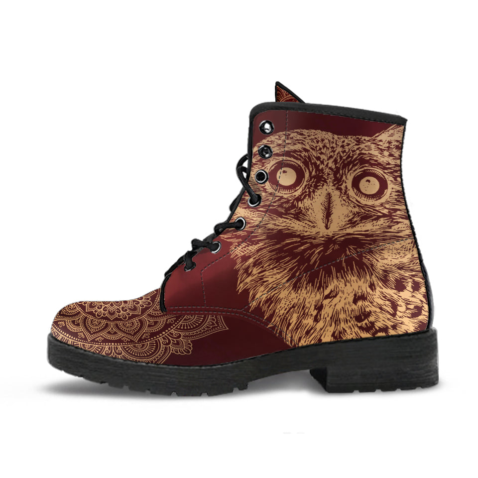Golden Owl, Mandala, Hippie, Women Leather Boots, Streetwear, Handmade crafted, Vegan Leather, Dream Catcher, Women Girl Gift, Classic Boot
