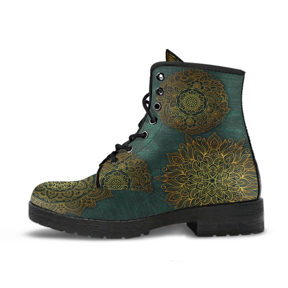 Green Mandala Boots, Leather Boots Women