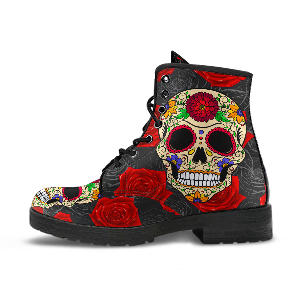 Sugar Skull Boots, Handmade Crafted, Womens Leather Boots, Hippie, Floral, Multi Colored, Vegan Leather, Streetwear, Classic Boot