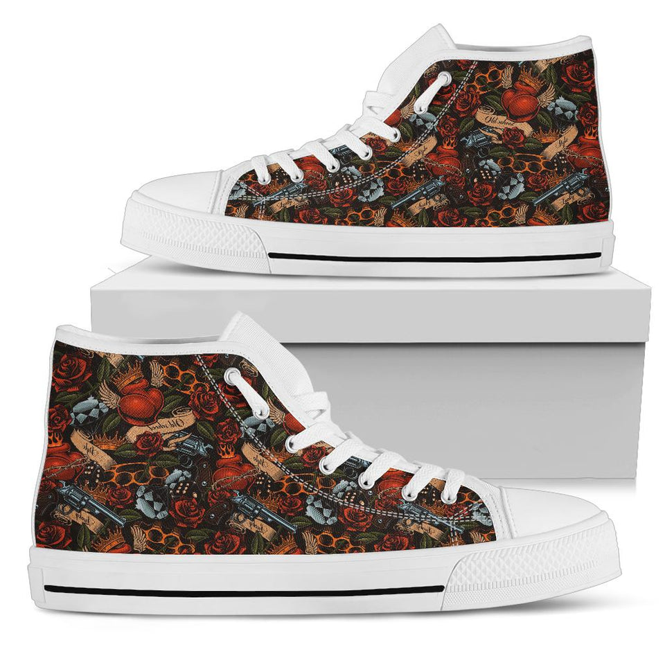 custom shoes vintage dollar bling gangtsa tattoo flowers roses colour day of the dead cult gothic guns converse shoes sneakers sneakers