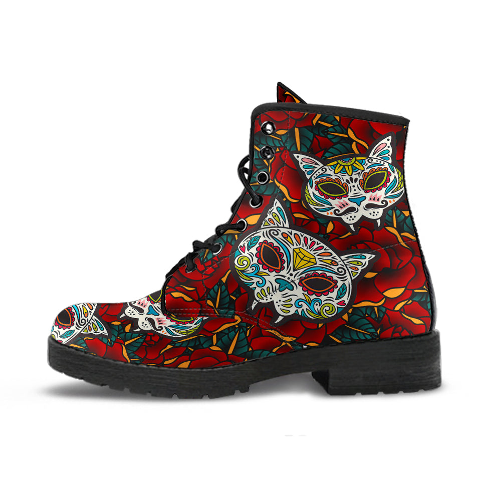 Sugar Skull Cat, Handcrafted Boots, Leather Boots Women, Floral, Vegan Leather, Multi Colored, Womens Printed Shoes, Hipster, Streetwear