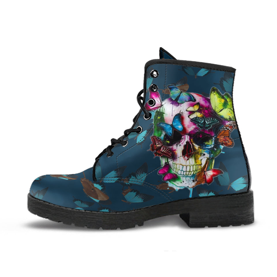 Colored Butterfly, Sugar Skull, Vegan Leather, Leather Boots Women