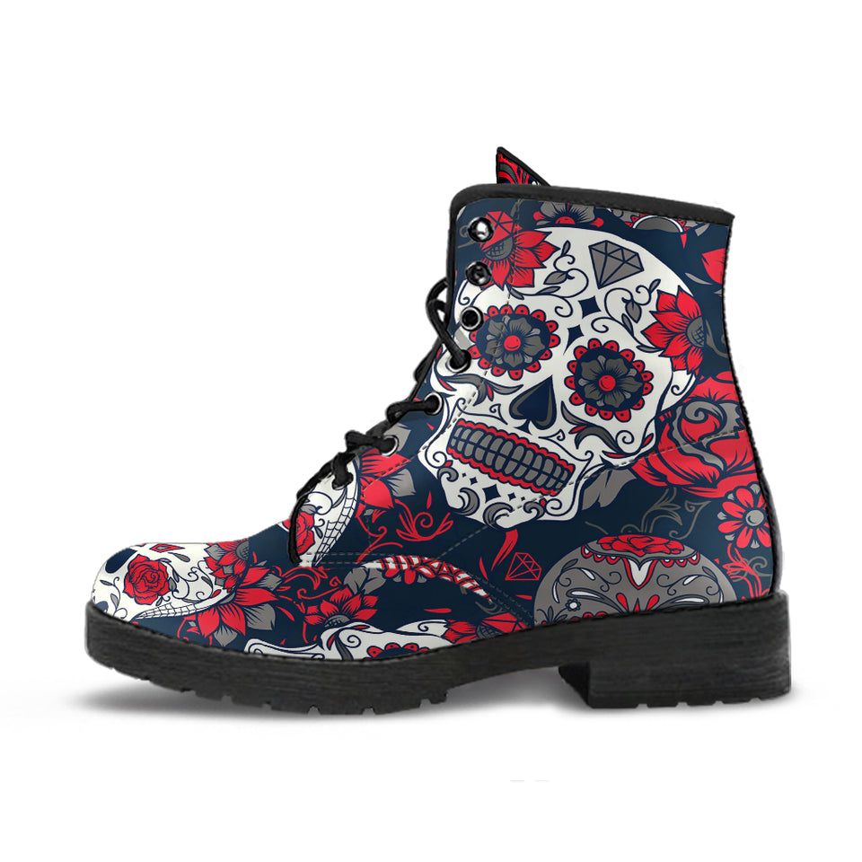 Red Sugar Skull, Dia De los Muertos, Women's Boots, Vegan Leather, Combat Style Boots, Lolita Combat Boots, Day Of The Dead
