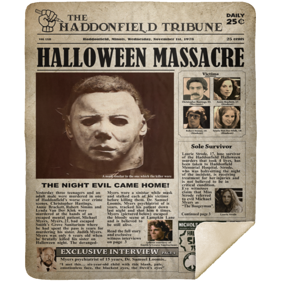 Newspaper M.ichael Myer Blanket, Horror Movie Fleece, Sherpa Blanket MSHM Premium Mink Sherpa Blanket 50x60