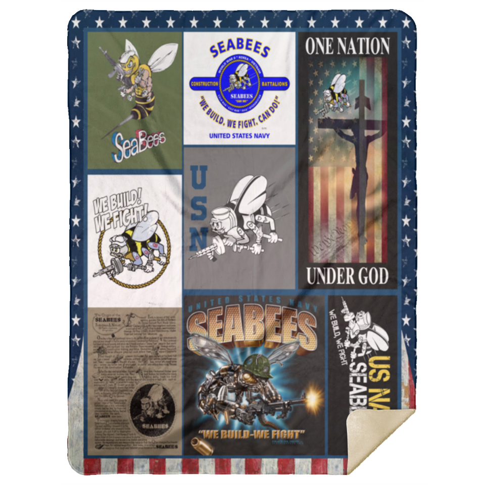 US NAVY SEABEES Blanket Army Quilt U.S. Flag Blanket Fleece Sherpa Throw Soldier - MSHL Premium Mink Sherpa Blanket 60x80