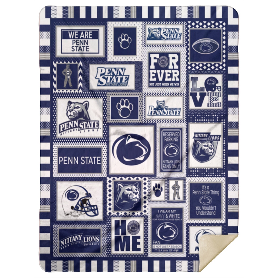 Penn State Nittany Lions Quilt Fleece Sherpa Throw Blanket Quilt - MSHL Premium Mink Sherpa Blanket 60x80