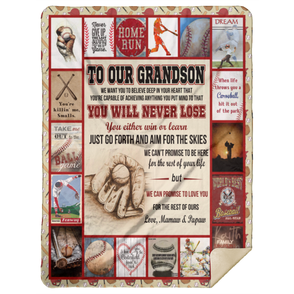 Baseball Grandson Blanket Love, Mamaw & Papaw Quilt Fleece Sherpa Throw Blanket - MSHL Premium Mink Sherpa Blanket 60x80