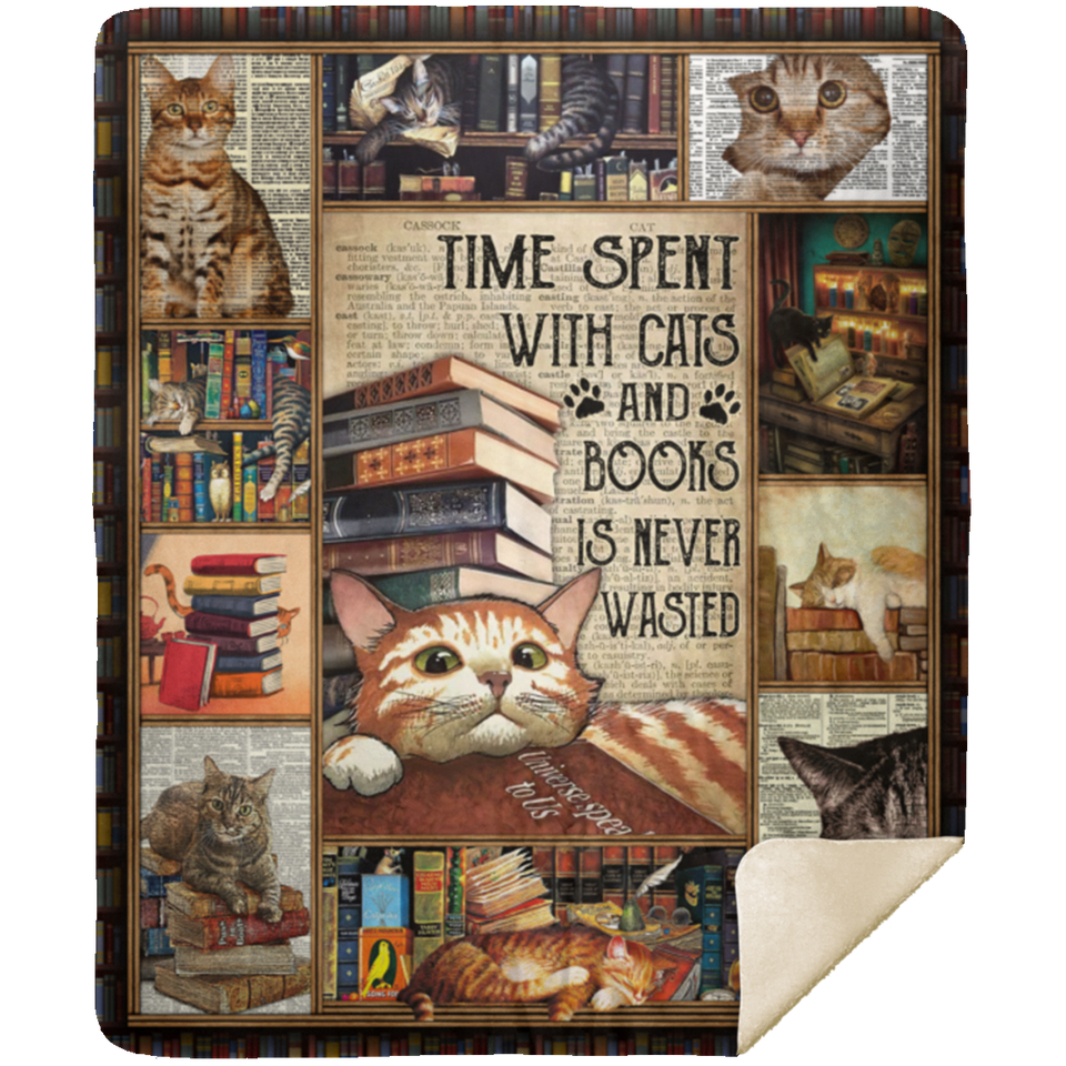 Love Reading Blanket, Time Spent With Cats And Books Fleece, Sherpa Blanket MSHM Premium Mink Sherpa Blanket 50x60