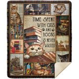 Love Reading Blanket, Time Spent With Cats And Books Fleece, Sherpa Blanket MSHM Premium Mink Sherpa Blanket 50x60