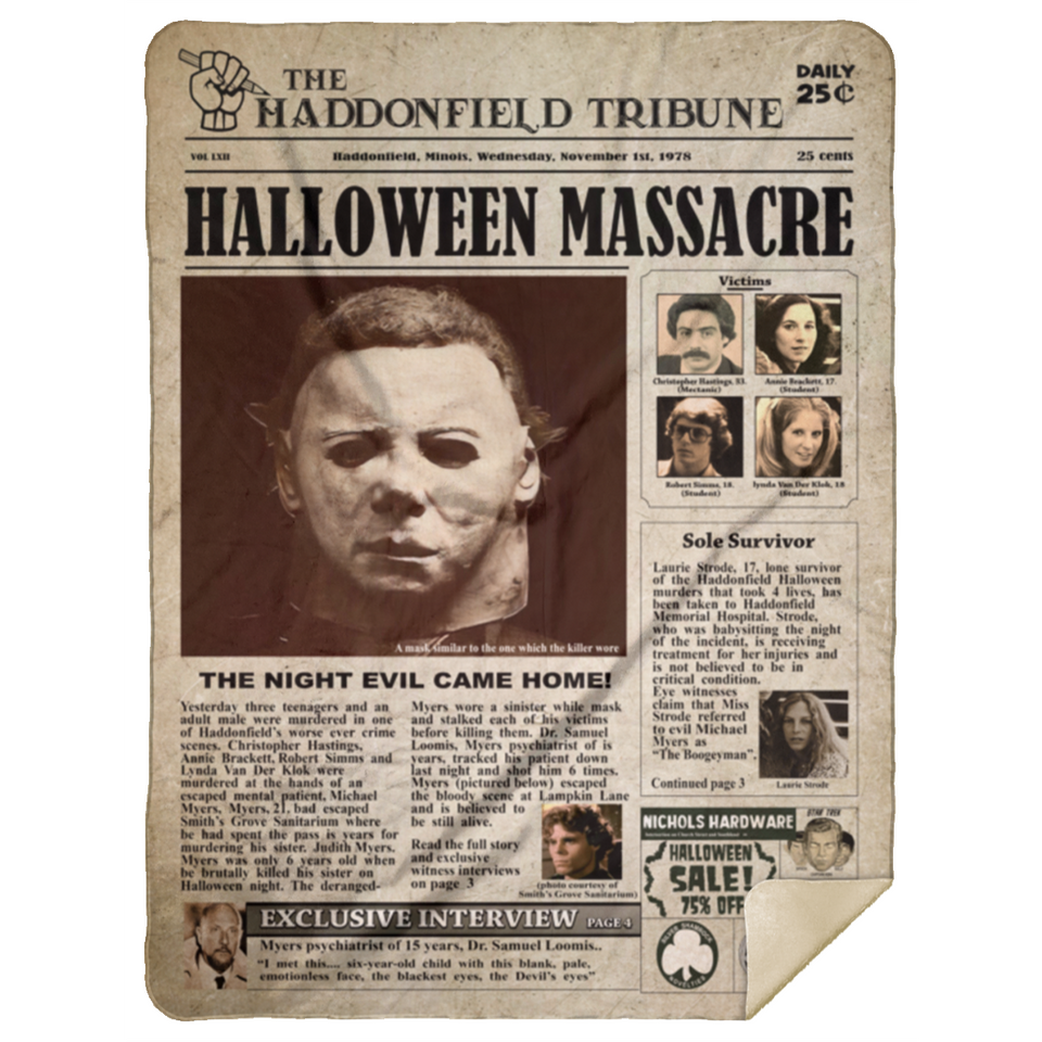 Newspaper M.ichael Myer Blanket, Horror Movie Fleece, Sherpa Blanket MSHL Premium Mink Sherpa Blanket 60x80