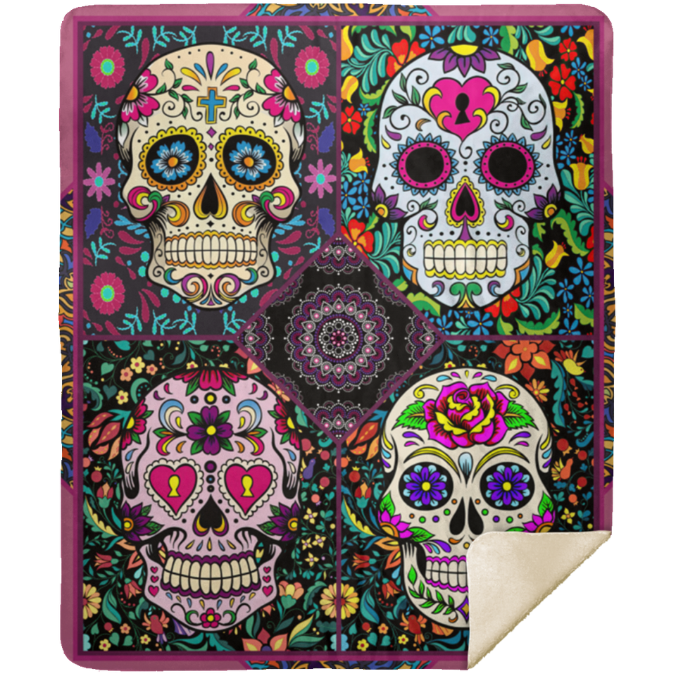 Sugar Skull Quilt Fleece Sherpa Throw Blanket for Bedroom Living Room Sofa - MSHM Premium Mink Sherpa Blanket 50x60