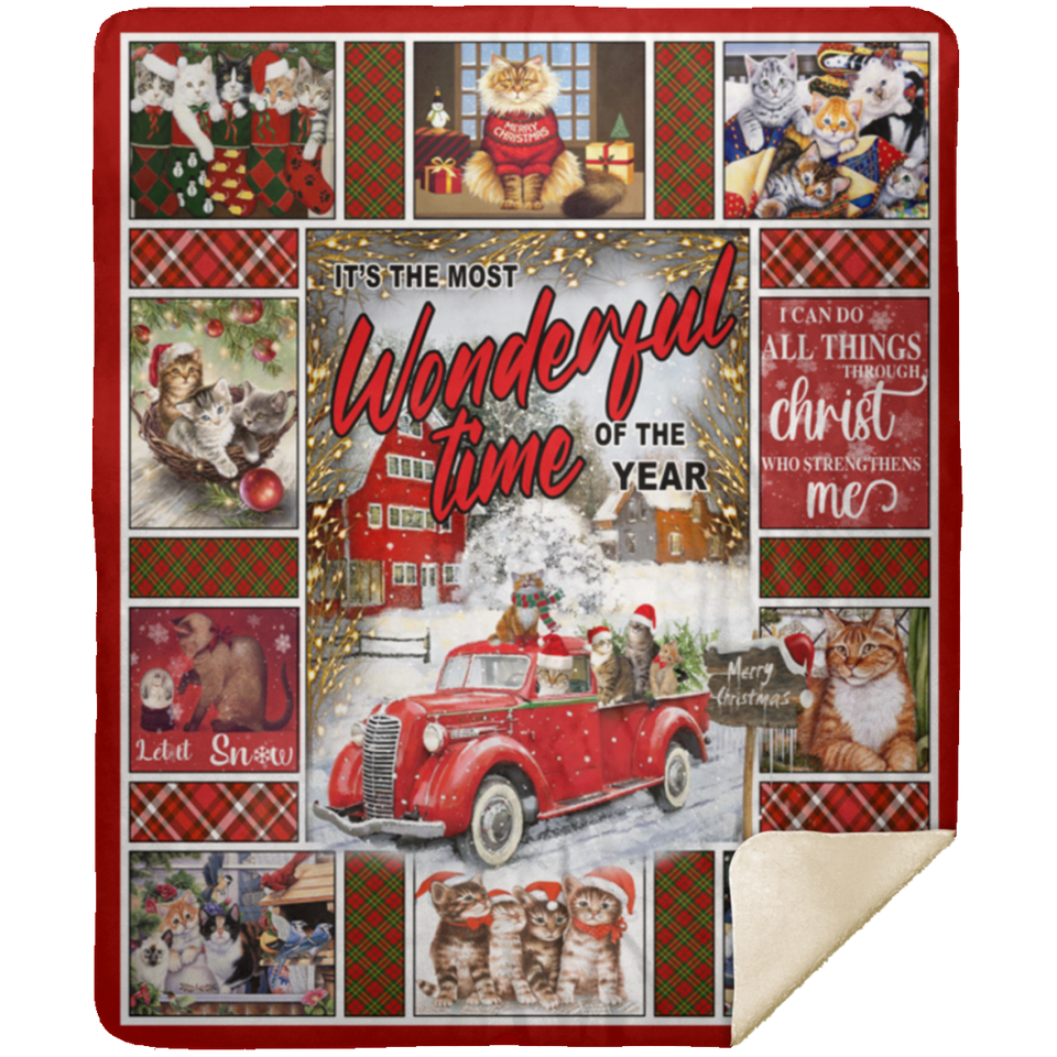 Christmas Cat Blanket It's The Most Wonderful Time Of The Year Quilt Fleece MSHM Premium Mink Sherpa Blanket 50x60