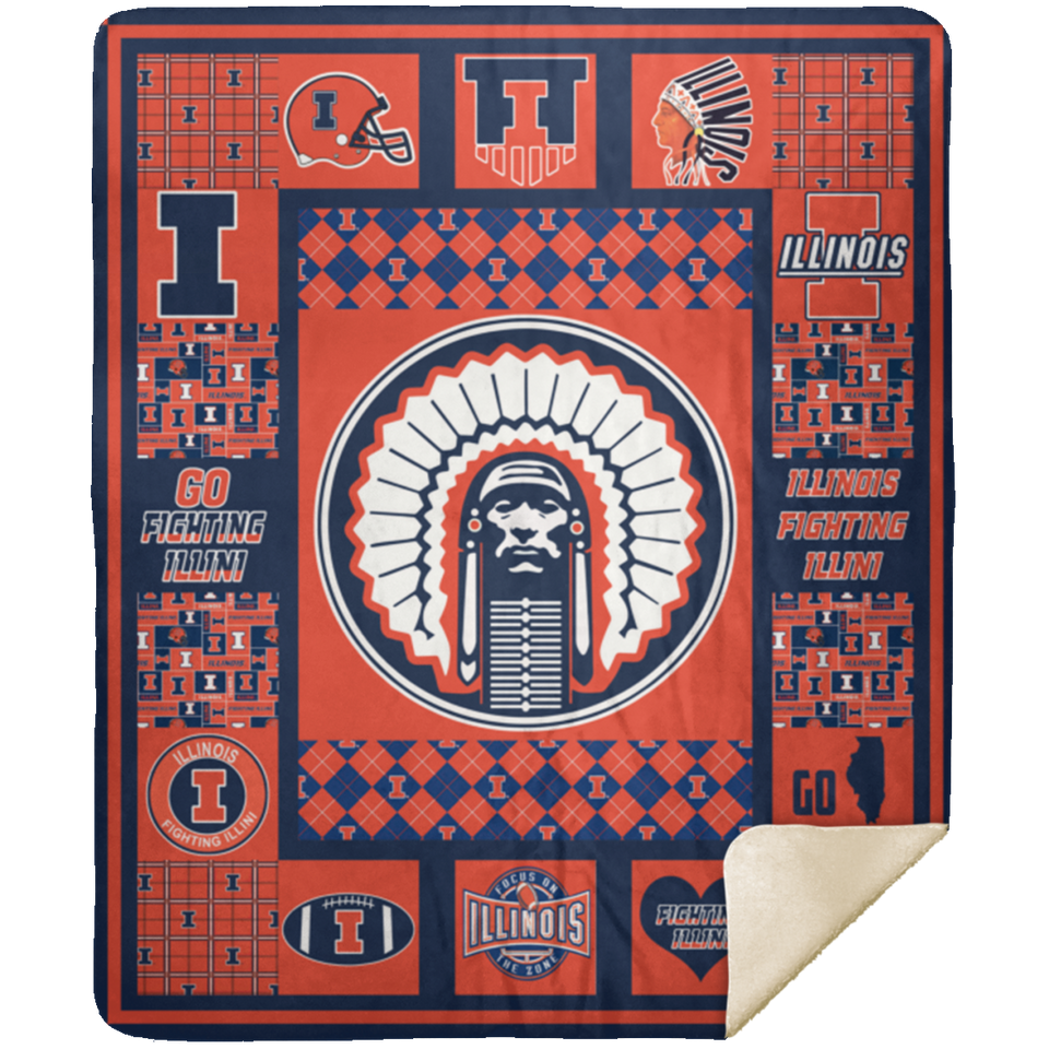 Illinois Fighting Illini Ver1 Blanket Fleece Sherpa Throw Blanket for Bedroom MSHM Premium Mink Sherpa Blanket 50x60