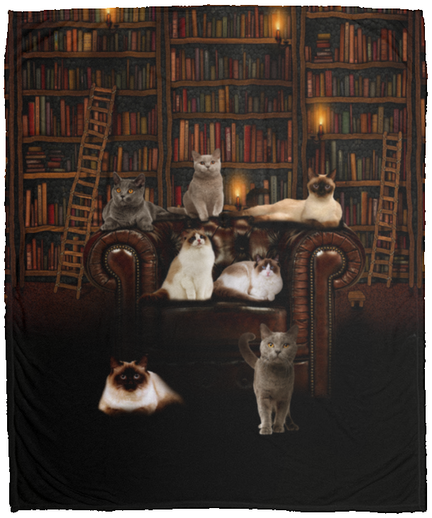 Dark Group Of Cat With Bookshelf On Back Fleece Blanket, Cats With Books Blanket VPM Cozy Plush Fleece Blanket - 50x60