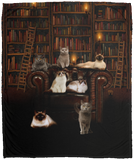 Dark Group Of Cat With Bookshelf On Back Fleece Blanket, Cats With Books Blanket VPM Cozy Plush Fleece Blanket - 50x60