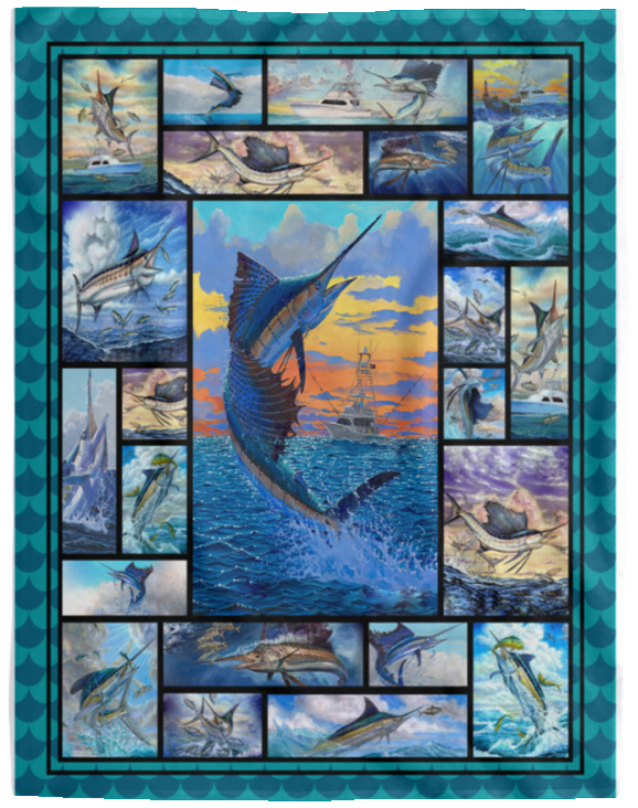 Love Marlin Sailfish Blanket Fishing Blanket Fleece Sherpa Throw Quilt Nature - VPL Cozy Plush Fleece Blanket - 60x80