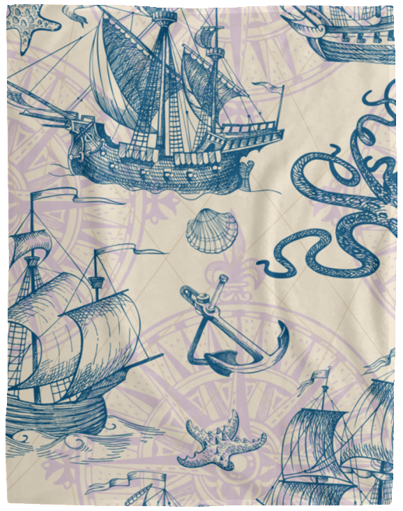 Vintage Nautical Blanket, Old Sailboat Anchor Fleece Sherpa Blanket Ocean Themed - VPL Cozy Plush Fleece Blanket - 60x80