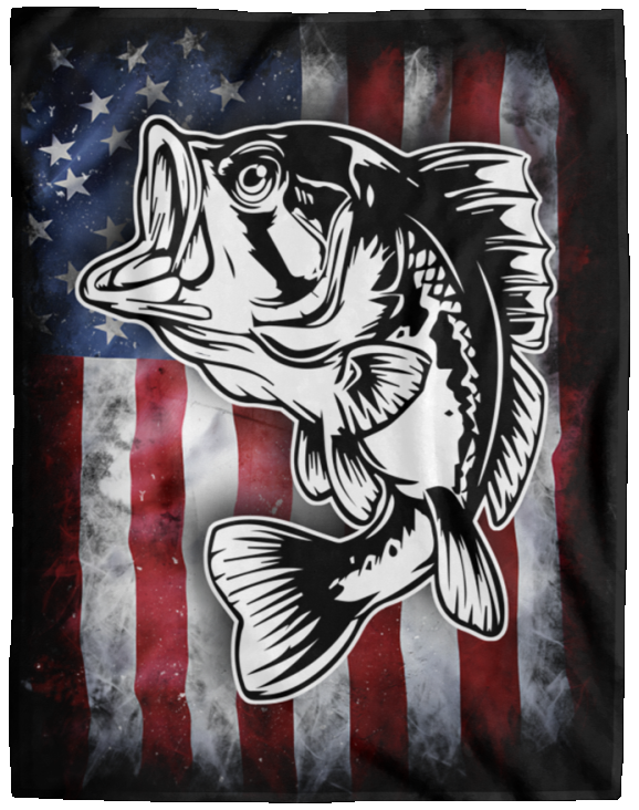 American Flag Bass Fishing Fleece Blanket - Patriotic Fishermen USA Blanket - VPL Cozy Plush Fleece Blanket - 60x80