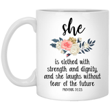 Jyotis - She is Clothed in Strength and Dignity Mug, Proverbs 31 25 Mug, Christian Mug Gift for Her, Women, Mother, Bible Verse Mug, Scripture Mug 11Oz